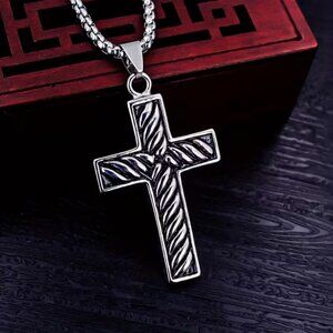 925 Silver Mens 24" Chain Link Cross Crucifix Necklace Guys Christian Jewelry